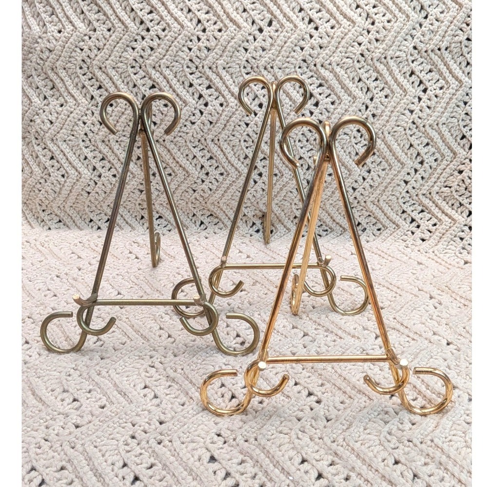 Vintage Brass Wire Easel Plate Display Stands Scroll Set of 3 Gold 9 Inch